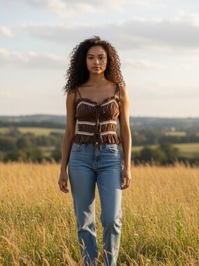 Thirty/Thirty LA Cottagecore Smocked Lace Feminine Summer Top Tie Detail Size S